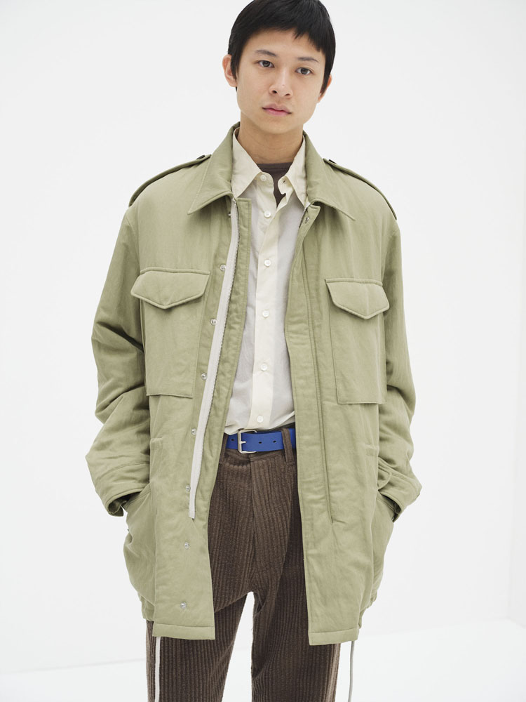BRUSHED SILK LINEN SATIN PADDED MILITARY BLOUSON